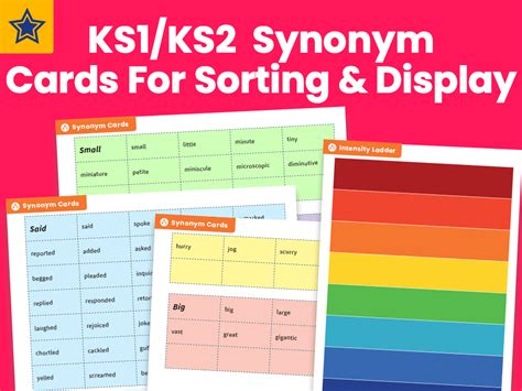 One of a set of small pieces of stiff paper marked in various ways and used for playing games or for telling fortunes. KS1 And KS2 Synonym Cards For Sorting And Display | Teaching Resources