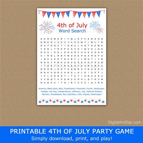 4th Of July Word Search Printable Word Search Games For July Etsy