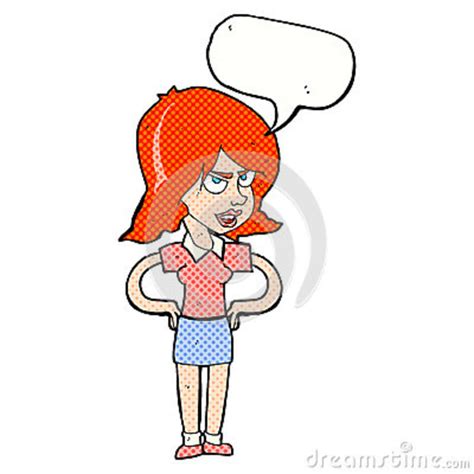 Cartoon Annoyed Woman With Hands On Hips With Speech Bubble Stock