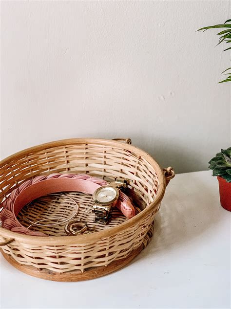 Vintage Wicker Basket With Handles Round Flat Basket Tray Rattan Style