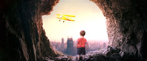 Download Wallpaper 2560x1080 Cave Child Plane City