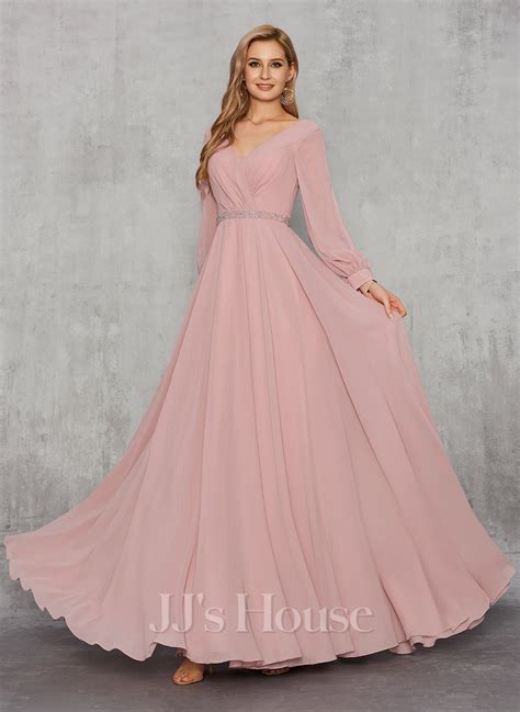 A Line V Neck Floor Length Chiffon Evening Dress With Beading Pleated
