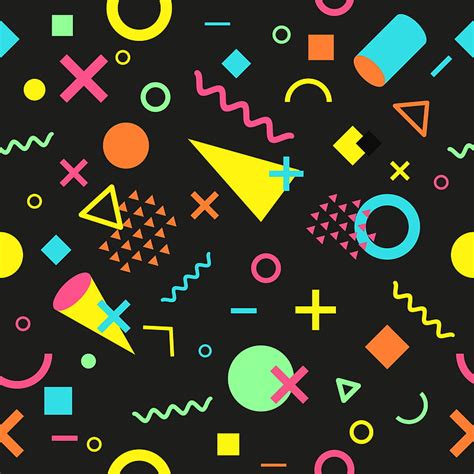 Vector Seamless Pattern With Multicolor Geometric Shapes On Dark