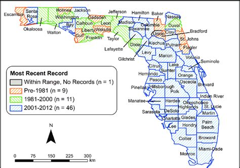 Peninsular florida, with a few isolated populations in the. Map of Florida showing the most recent record of the ...