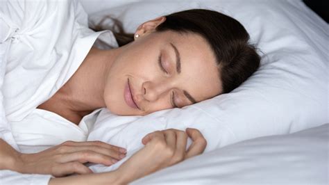 Closeup Face Of Sleeping In Bed Gorgeous Carefree 30s Woman Stock Photo
