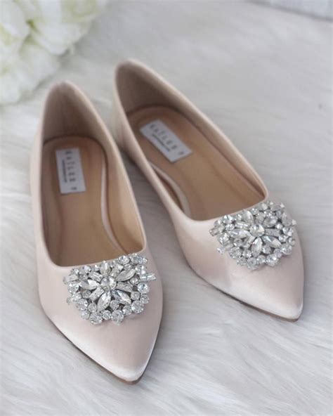 Champagne Satin Pointy Toe Flats With Oversized Rhinestones Etsy