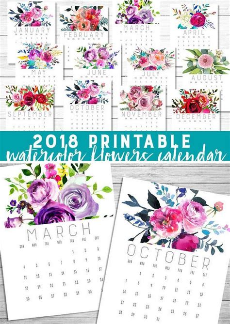 2018 Printable Watercolor Flowers Calendar Affliate Printable