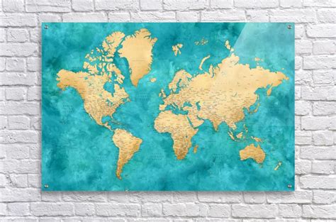 Detailed World Map With Cities In Gold And Teal Watercolor Blursbyai