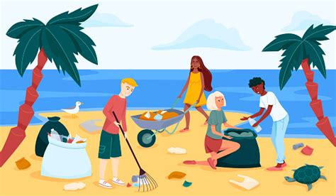 beach  coastal cleanup  trendy flat style drawing