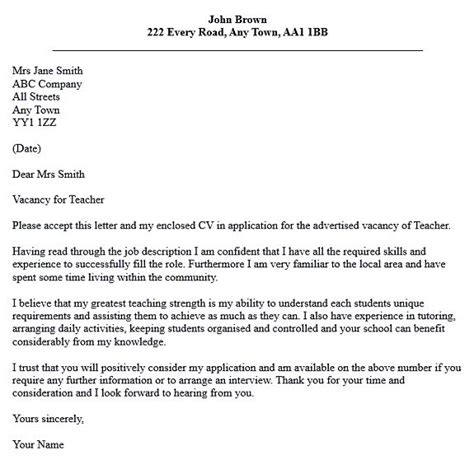 Not every teacher stays in their job until retirement. Example job application letter in english