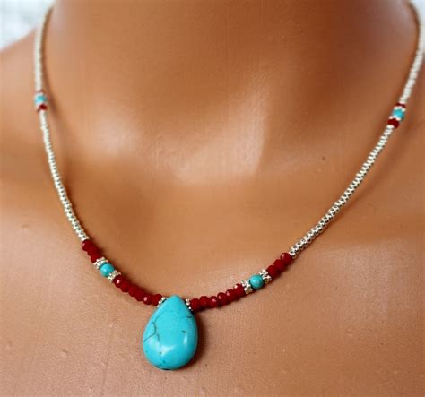 Turquoise And Coral Necklace Silver And By Tamdavisdesigns On Etsy