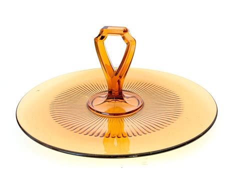 Vintage Amber Glass Serving Plate With Handle Tidbit Tray Amber Serving Plate Vintage