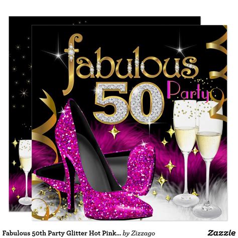 Fabulous 50th Party Glitter Hot Pink Champagne Invitation Gold Birthday Party