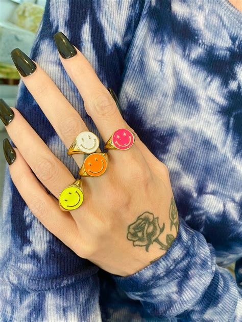 Y2k Smiley Face Emoji Rings Pink White Yellow Orange Etsy Uk