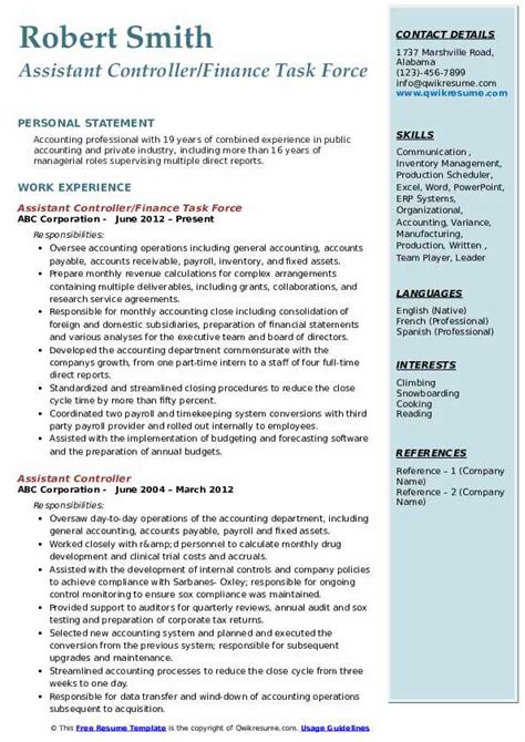 assistant controller resume samples qwikresume