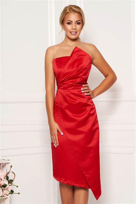 Red Occasional Midi Pencil Dress From Satin