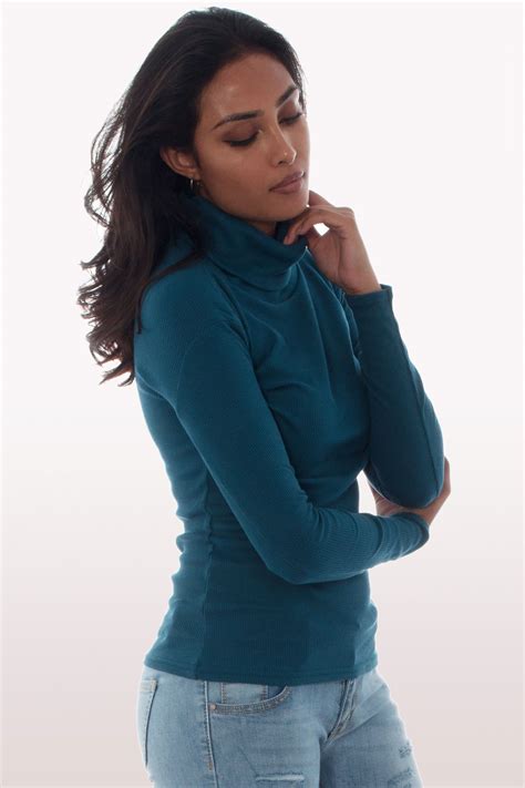 Teal Ribbed Polo Neck Knit Jumper | Clothing | Modamore