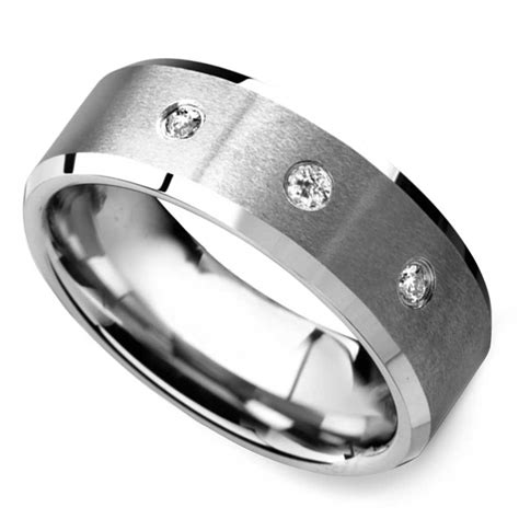 Mens Diamond Beveled Tungsten Wedding Band