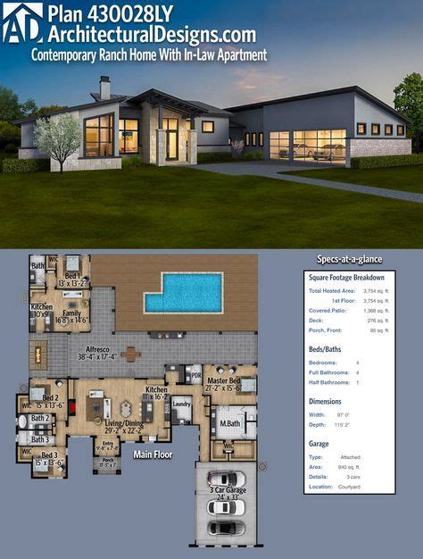 Plan 430028ly Exclusive Contemporary Ranch Home With In Law Apartment