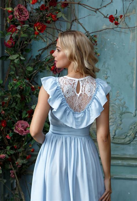 Chiffon Blue Dress Spring Brook With Delicate Lace Etsy