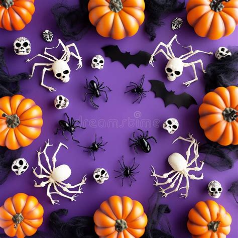 Halloween Orange Pumpkins White Bony Skeletons Black Bats And Spiders