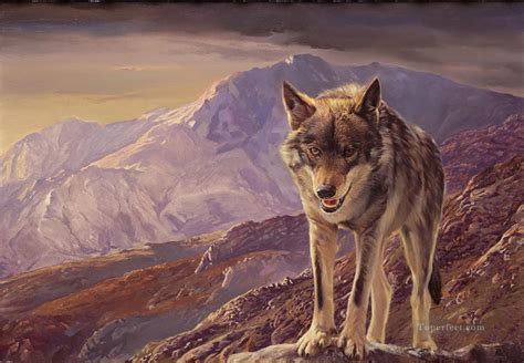 Wolf In Mountain Painting In Oil For Sale