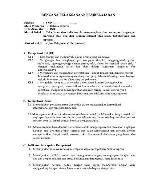 Memahamin makna dalam percakapan transaksional dan interpersonal pendek sederhana untuk berinteraksi dengan lingkungan sekitar. Contoh-RPP-Bahasa-Inggris-SMP-Kelas-9-Kurikulum-2013