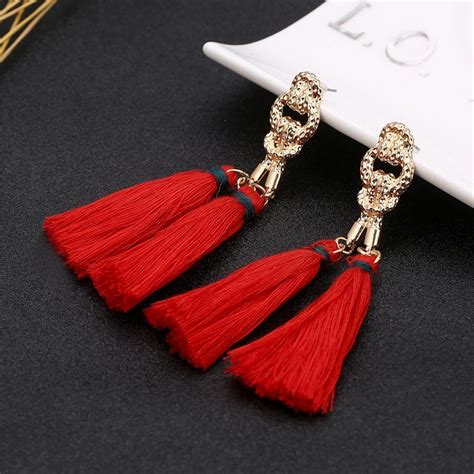 buy bohemian red long tassel earrings handmade drops pendant earrings for women