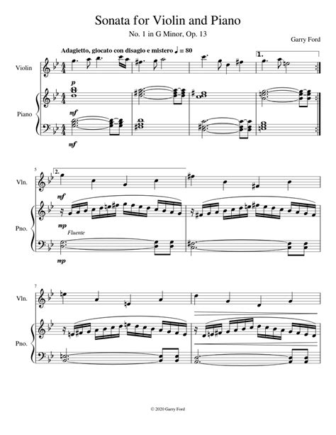 Sonata For Violin And Piano No 1 In G Minor Op 13 Mvmt 1 Sheet Music For Piano Violin