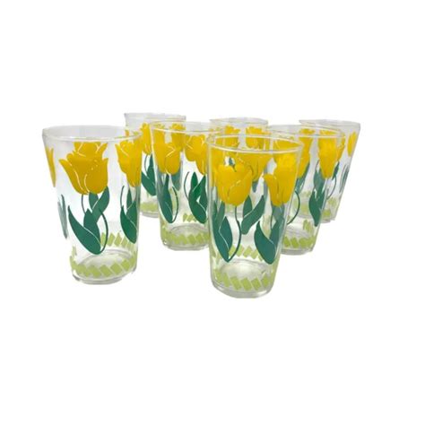 VINTAGE FEDERAL GLASS Yellow Tulip Flower Juice Glass Tumbler Set Retro