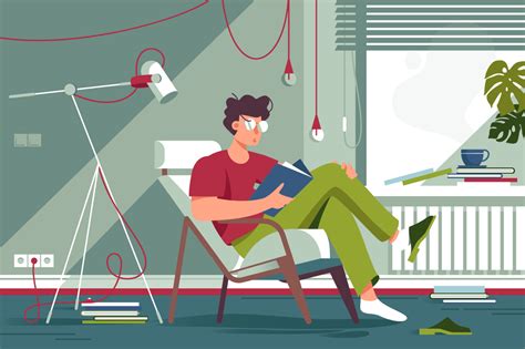 Flat Man With Glasses And Home Clothes Reading Book And Sitting In