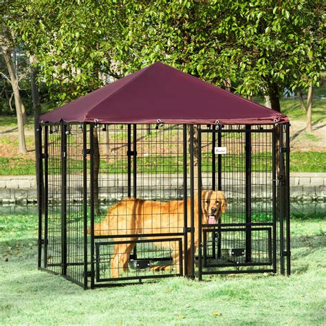 Pawhut 5 X 5 X 5 Dog Kennel Outdoor With Rotating Bowl Holders Walk