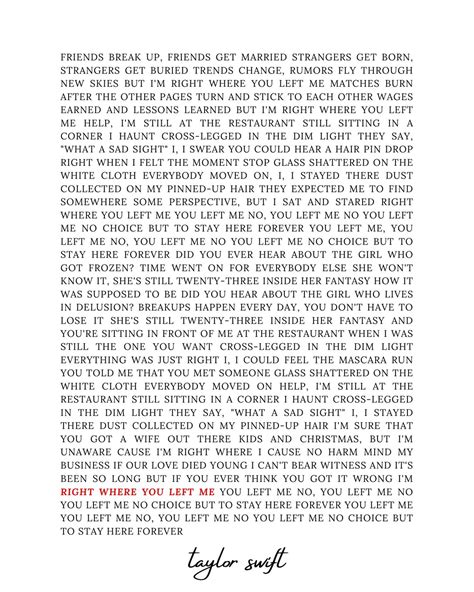 Right Where You Left Me By Taylor Swift Lyrics Digital Etsy