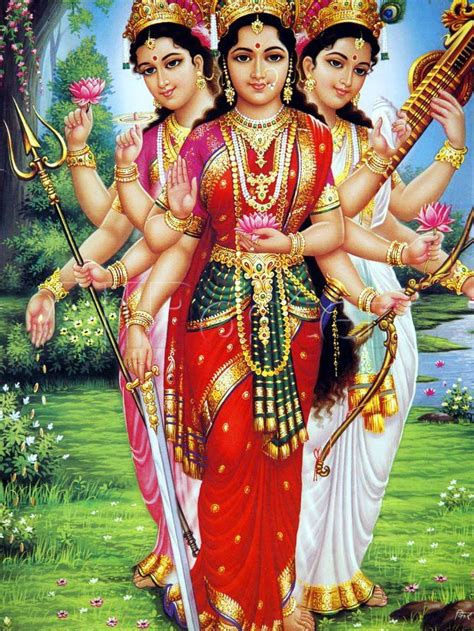 tridevi trinity of hindu goddesses saraswati goddess durga goddess indian goddess