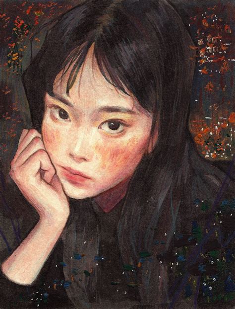 A Painting Of A Woman With Long Black Hair Wearing A Black Shirt And