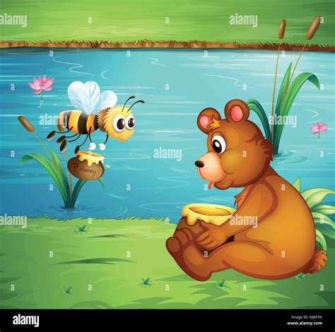 Illustration Of A Bear And A Bee At The Riverbank Stock Vector Image