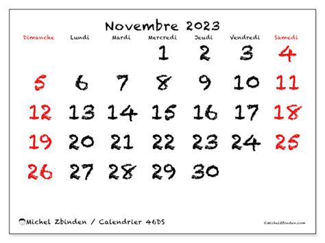 Calendrier Novembre 2023 à Imprimer “56ds” Michel Zbinden Ch