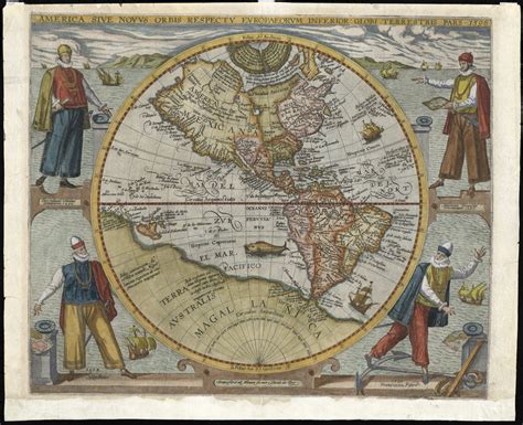 A 1596 map of the Americas featuring illustrations of four prominent ...