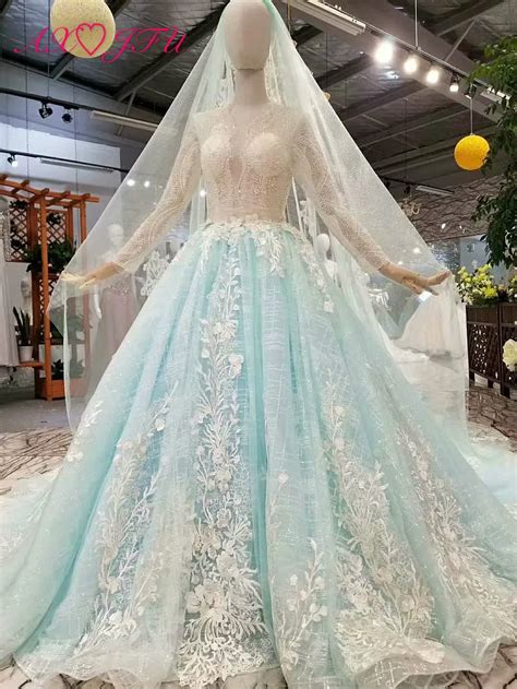 Axjfu New Princess Flower Beading Blue Lace Wedding Dress Crystal White Flower Wedding Dress 100