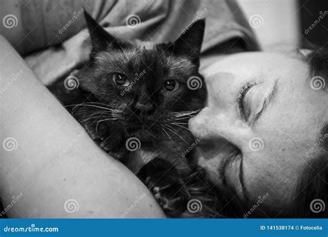 Woman Hugging Cat Stock Photo Image Of Beautiful Girl 141538174