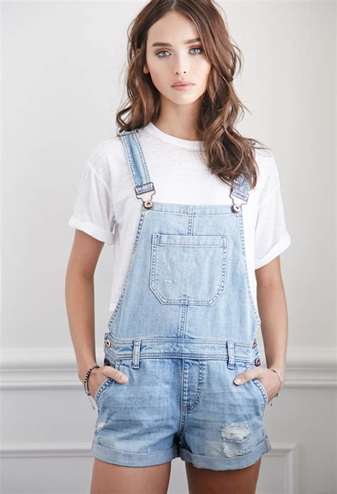 Lyst Forever 21 Distressed Denim Overall Shorts In Blue