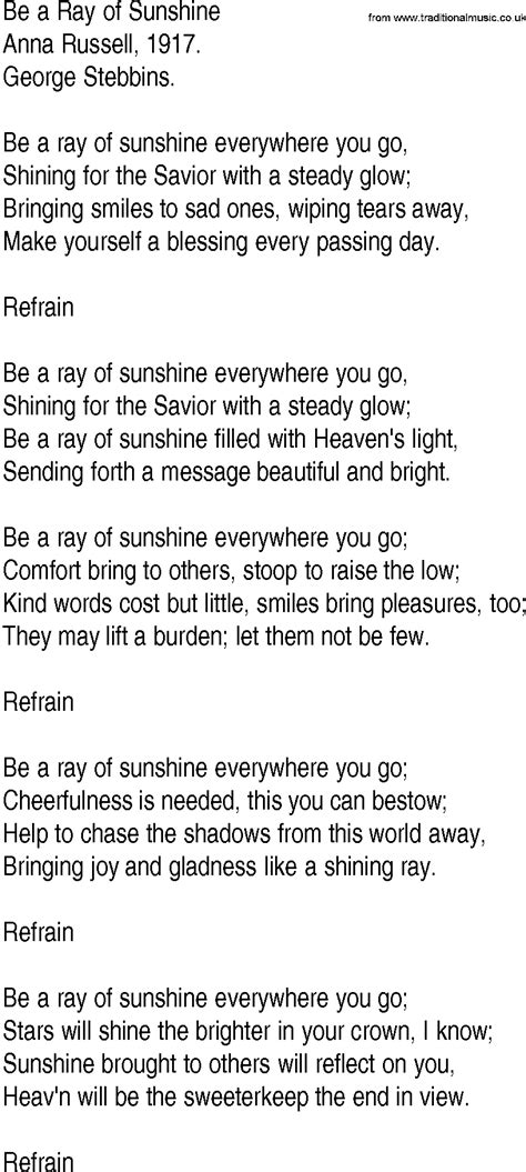 Hymn And Gospel Song Lyrics For Be A Ray Of Sunshine By Anna Russell