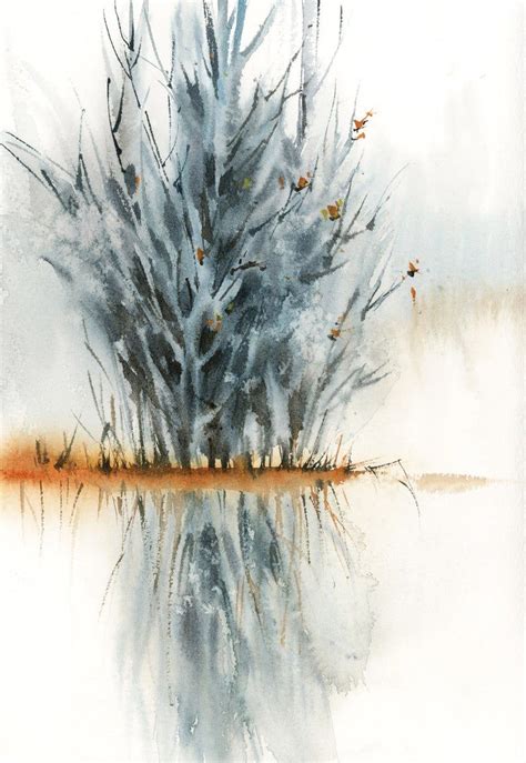 Landscape With Trees And Reflection Original Watercolor Etsy
