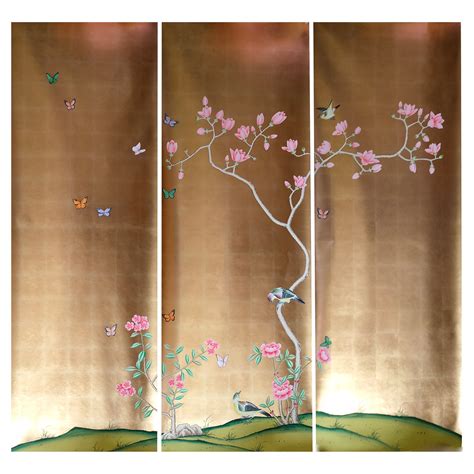 Chinoiserie Panels Hand Painted Wallpaper On Gold Metallic With