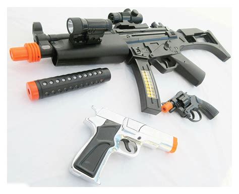 Buy 3x Toy Guns Huge Elec Mp5 W Silencer And Silver 9mm Pistol Revolver