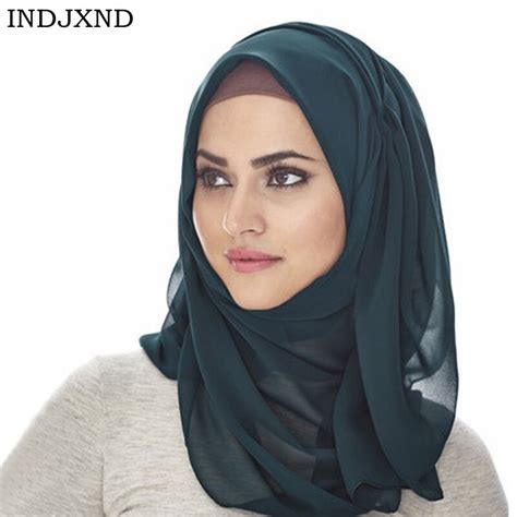Indjxnd Muslim Scarf Women Pearl Bubble Chiffon Hijab Plain Silk Shawls Scarves Head Wrap