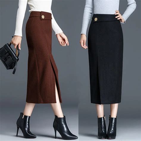 Autumn Winter Woolen Skirt Women Sexy Elegant Warm High Waist Long Skirt A Line Bodycon Casual