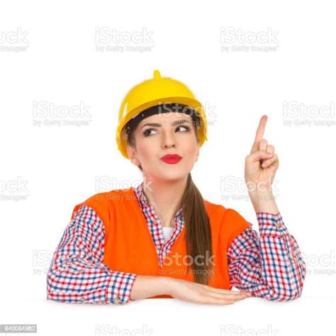 Careful Woman Construction Worker Notice Stock Photo Download Image