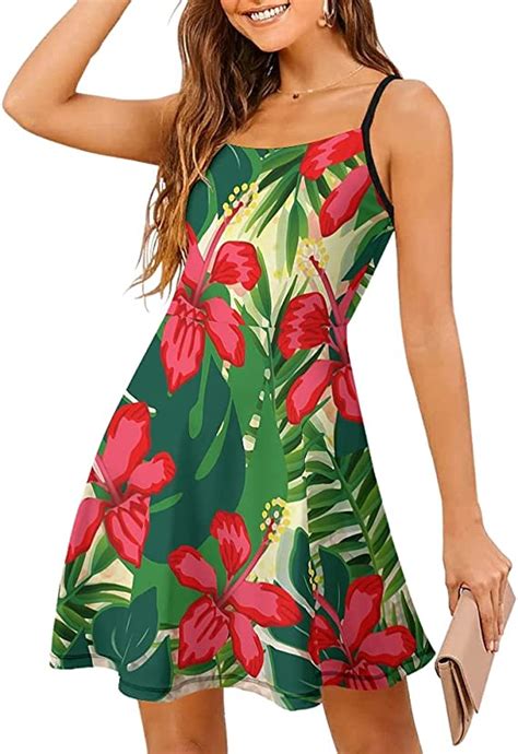 Women Sleeveless Sling Swing Dress Hawaiian Aloha Red Flowers Tropical