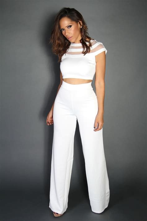 White Crop Top And High Waist Pants Two Piece Set Dressy Outfits